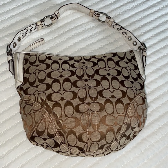 Coach Kristin Signature khaki fabric/white leather/nickel hobo shoulder bag. - Picture 2 of 16